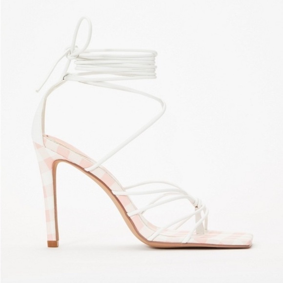 NEW Just Fab Scarlett Gladiator Heeled Lace Up Square Toe White & Gingham Sandal - Picture 4 of 11